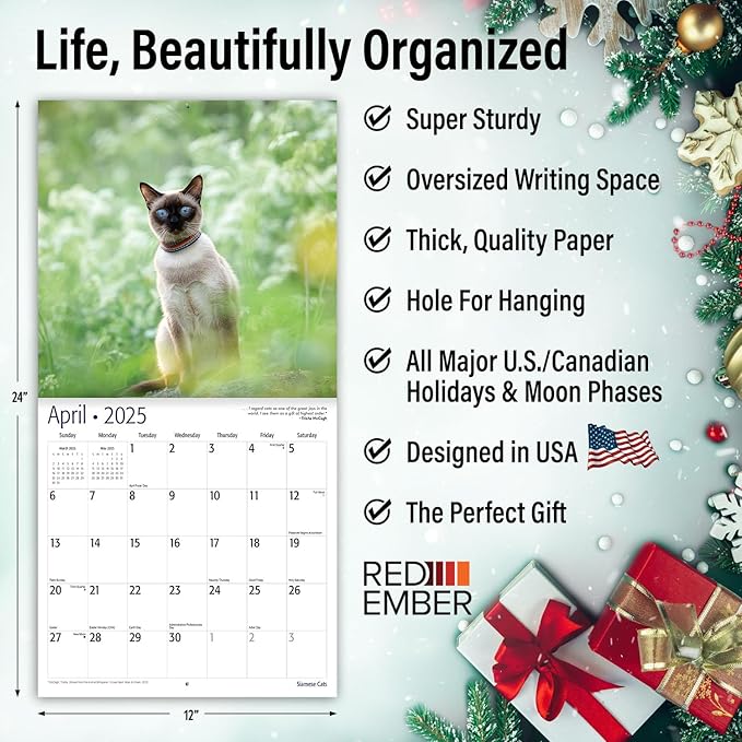 RED EMBER Siamese Cats 2025 Wall Calendar 12 Month | 12" x 24" Open | Thick & Sturdy Paper | Giftable | Calendar 2025