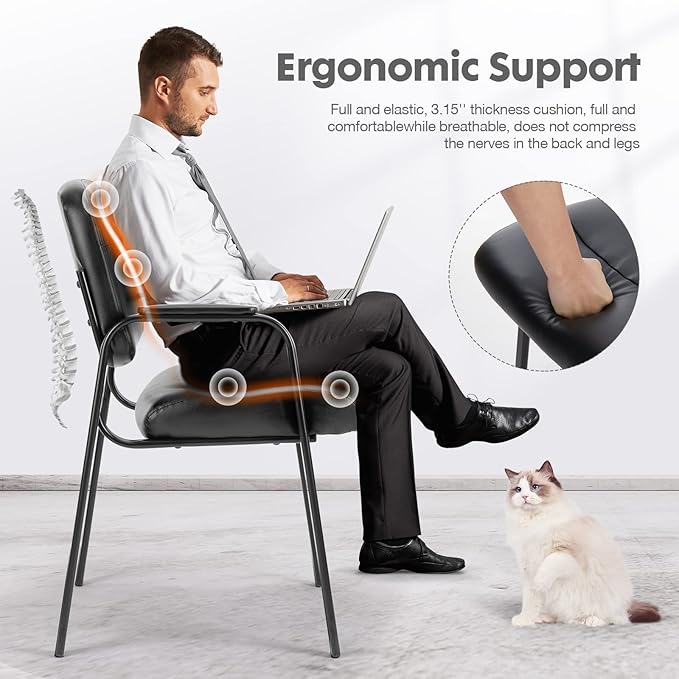 OLIXIS Guest Reception Desk Chairs Without Wheels PU Leather Padded Arms, for Office Waiting Room Restaurant Library Barber Store Clinic Lobby Student Adult, Black-1 Pack