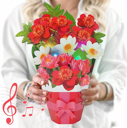 3D Pop Up Magnolia Flower Bouquet Card - Musical Birthday Card with LED Lights, Mother’s Day, Anniversary, Graduation, Thank You & Congratulations Gift for Women, Men, Friends, Family
