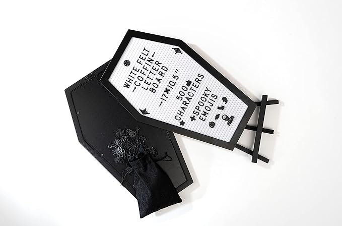 Coffin Letter Board White With Spooky Emojis +500 Characters, and Wooden Stand - 17x10.5 Inches - Gothic Halloween Decor Spooky Gifts Decorations