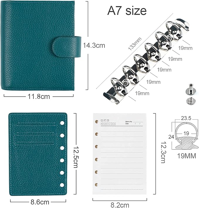 Moterm Pocket Regular Rings Planner - Genuine Leather Binder Organizer (Pebbled-Deep Teal, 19mm Ring)