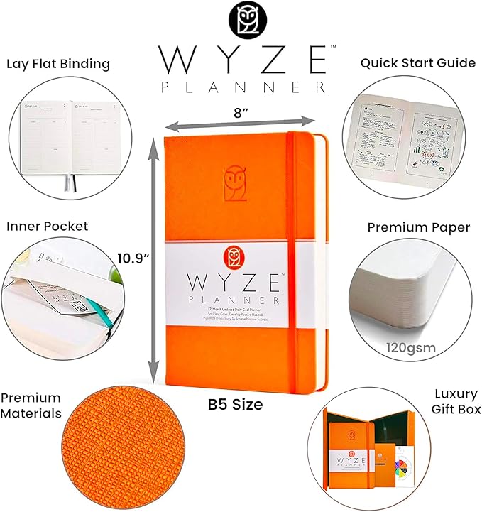Pro - Goal Setting Planner to Increase Productivity and Achieve Personal and Business Goals. 12 Month Undated Daily, Weekly and Monthly Journal Organizer with Calendar (Orange)