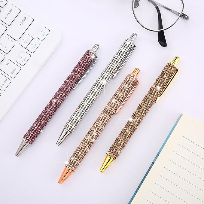 Ireer 4 Pcs Bling Rhinestone Sparkly Pens for Women Diamond Ink Crystal Glitter Metal Ballpoint Bedazzled Fancy Pens 4 Pcs 1.0mm Refills(Gold, Silver, Pink and Rose Gold)