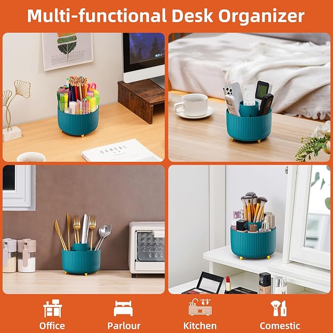 Marbrasse Desk Organizer, 360-Degree Rotating Pen Holder for Desk, Desk Organizers and Accessories with 5 Compartments Pencil Organizer, Art Supply Storage Box Caddy for Office, Home(Green)