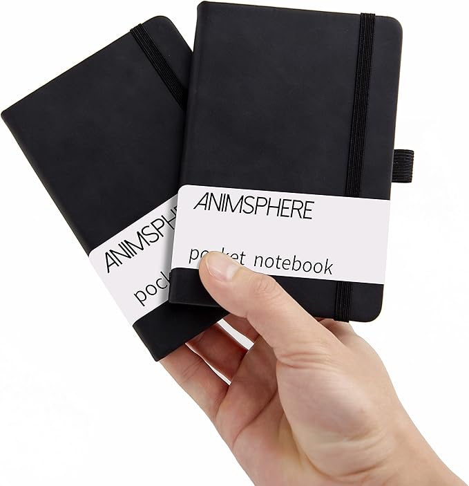 2Pack Pocket Notebook Small Notebook Journal Notebook 4 inches x 5.7 inches 200 Pages Leather Cover With Pen Holder Page Marker Ribbons(Black)