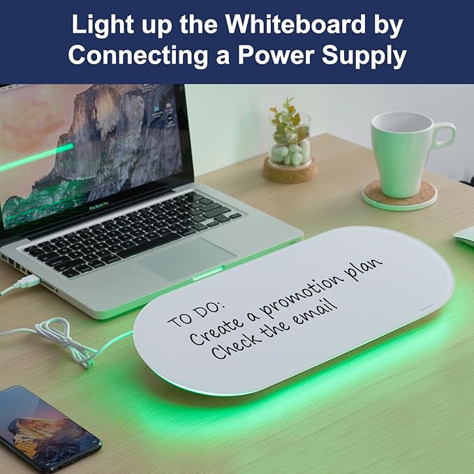 TSJ OFFICE Glass Desktop Whiteboard - 17 X 7 Inches Small Dry Erase Board with Green Light, Glass White Board Surface Notepad with 1 Drawer, Desk Organizers for Office, Home, School Supplies