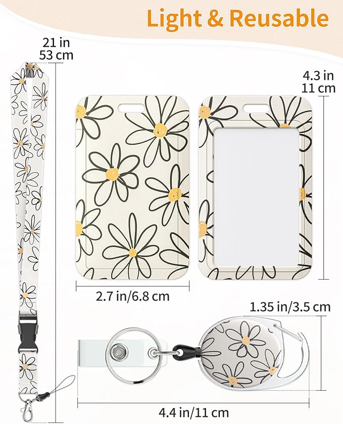 Uniclife Floral Sliding Badge Holder White Flower Plastic Case with Retractable Badge Reel Carabiner Clip & Detachable Lanyard Strap Fashionable Vertical Card Protector for Women Nurse Teacher Student
