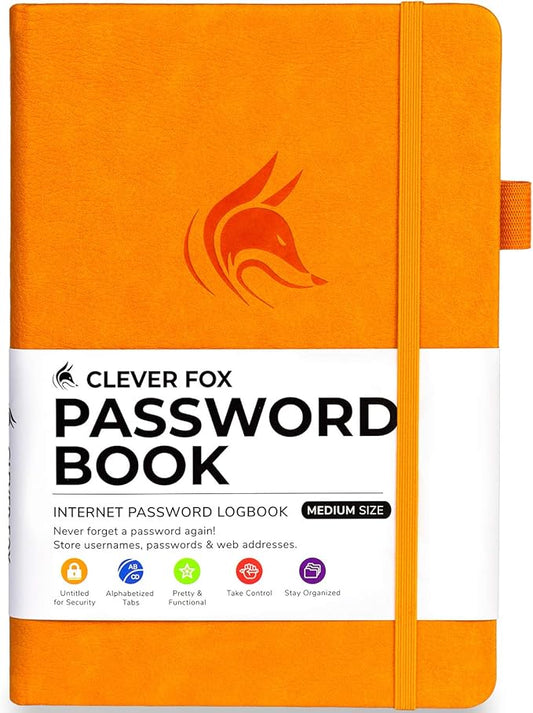 Clever Fox Password Book with Alphabetical tabs. Internet Address Organizer Logbook. Medium Password Keeper for Website Logins (Yellow)