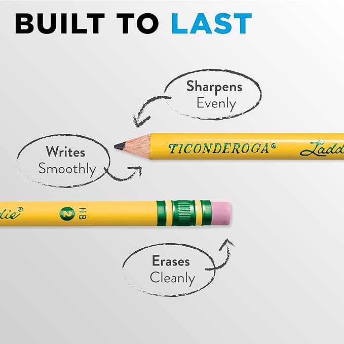 Ticonderoga Laddie Wood-Cased Pencils, 2 HB Soft, With Erasers, Yellow, 12 Count