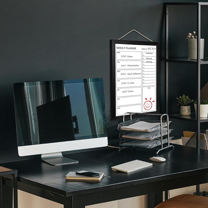 Dry Erase White Board Weekly Calendar Board, Magnetic Whiteboard for Wall, 10.5“x14.5” Solid Wood Black Framed Message Board, Planner Board for Office, Home, School(Weekly-BB-BK-2737)