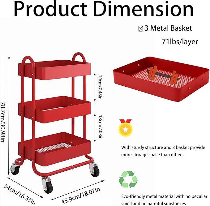 3-Tier Red Utility Rolling Cart,Kitchen Storage Carts with Wheels,Red Metal Rolling Cart for Office,Home,Kitchen,Garden๏ผ13.4"x18.1"x31"๏ผ Red
