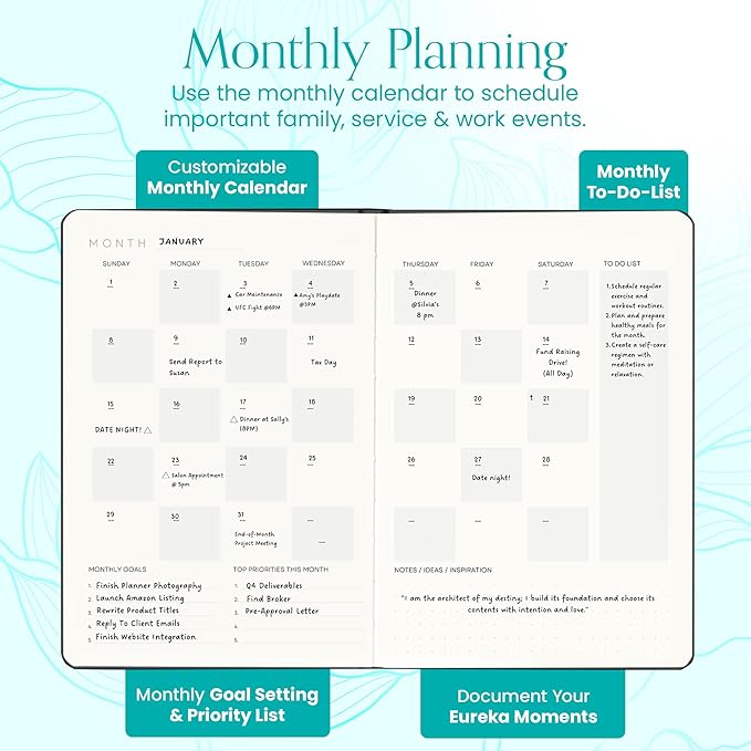 2025 Planner, Daily Journal & Gratitude Journal All-In-One with To Do List, Self Care Prompts & Habit Tracker - 7 x 10 - Teal