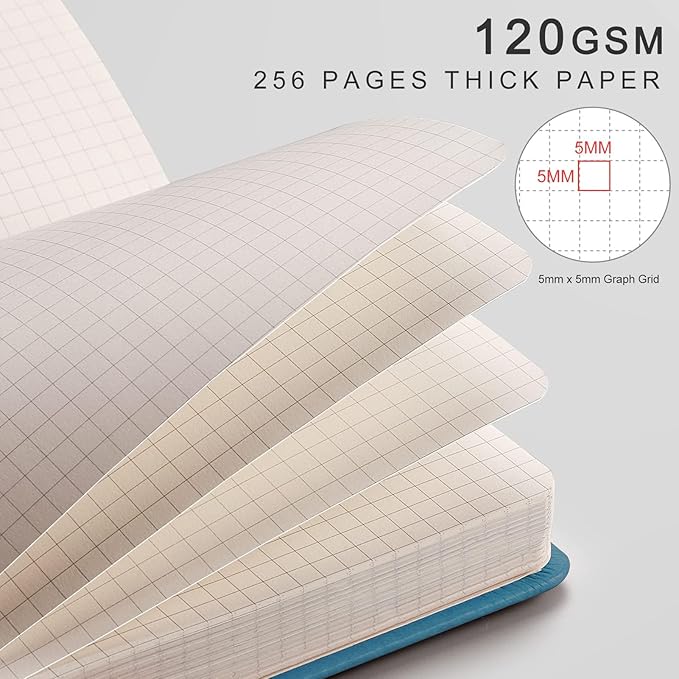 EMSHOI Graph Paper Notebook - 256 Pages A5 Graph Notebook/Journal, Hard Cover, 120gsm Thick Paper, Smooth PU Leather, Inner Pocket, 5.75" x 8.38"-LightBlue