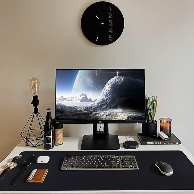 Leather Desk Pad, Mouse Pad, Non-Slip Desk Protector Mat, Leather Desk Blotter, Computer Desk Pad, Waterproof Desk Mat for Home Office and Decor - Black (31.5×15.7 Inches)