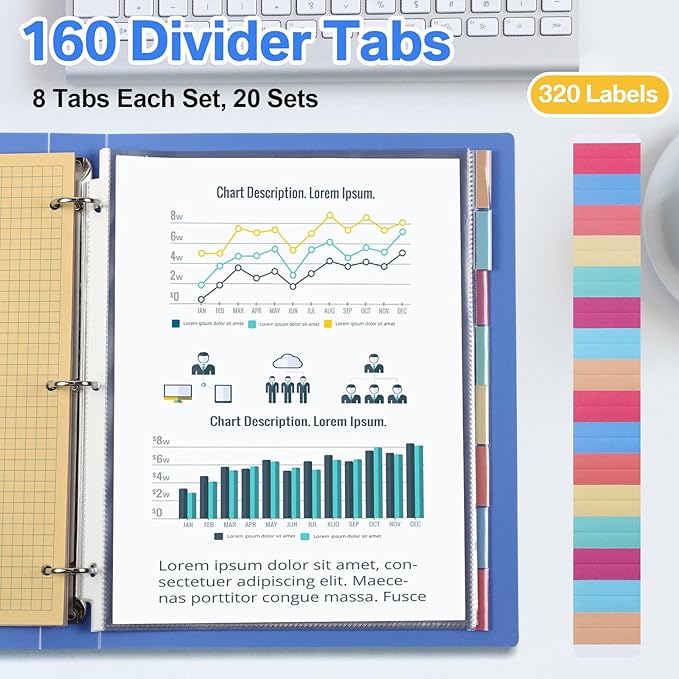 ReliThick 12 Set of 96 Pack Clear Binder Sheet Protectors with 8 Tabs Sturdy Binder Sheet Protectors for 3 Ring Plastic Page Insertable Index Divider, 8.5 x 11 Inch