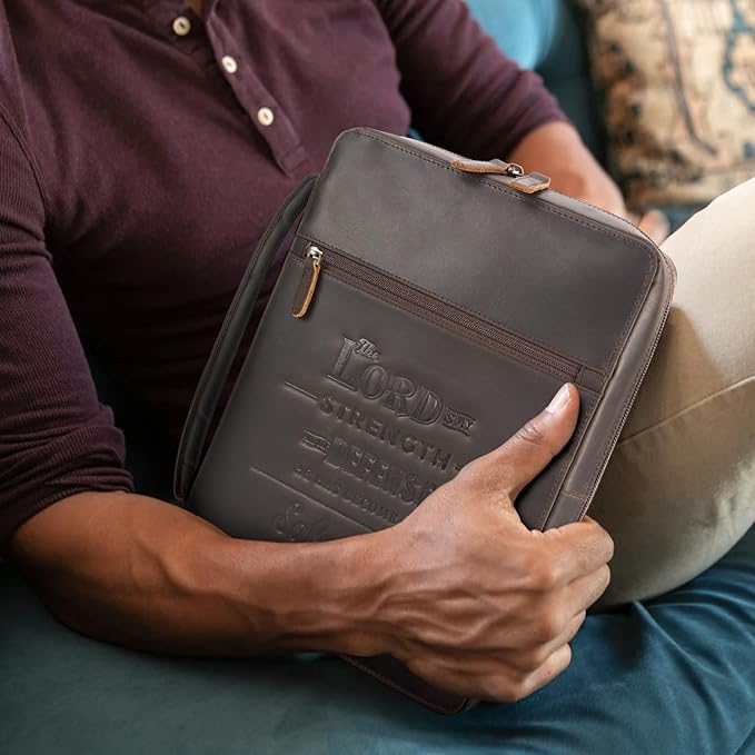 Polare Full Grain Cowhide Leather Bible Cover Church Bag Bible Protective Book Holder Carrying Case Folder Organizer Portfolio (Dark Brown(Lord is My Strength & Defense))
