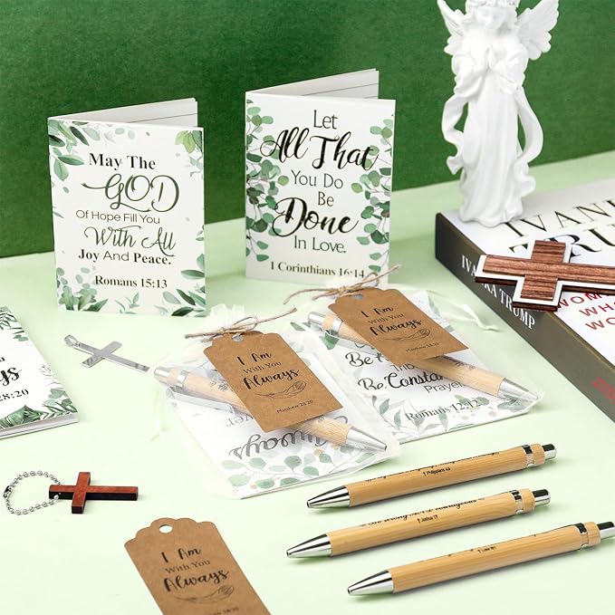 200 Pcs Bible Verse Sets Church Christian Gift Include 50 Scripture Notebooks 50 Bible Bamboo Pens 50 Thanks Tags 50 Organza Bags for Women Man Christian Party Gifts(Green,Vibrant)
