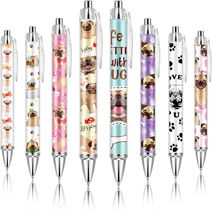Ireer 8 Pcs Ballpoint Pens for Women 1.00 mm Cute Black Ink Fancy Pens Fine Point Smooth Writing for Journaling Aesthetic Office Supplies(Pug)