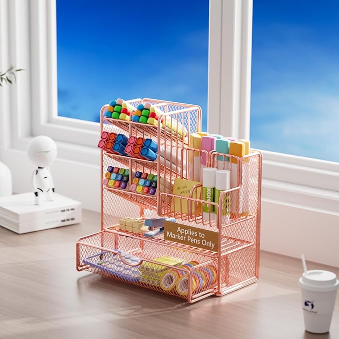 Marbrasse Mesh Pen Holder for Desk, Desk Organizer with Drawer, Multi-Functional Pencil Organizer, Desk Organizers and Accessories for Office Art Supplies (Rose Gold), MESH B17