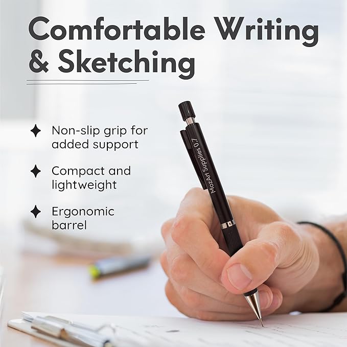 MozArt Illustrator Set with Case-4 Sizes: 0.3,0.5,0.7&0.9mm with 4x8HB & 30HB Lead Refills, Eraser Pen with 2 Jumbo Refills Compass with Block Eraser