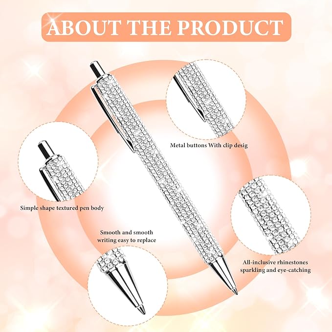 20Pcs Rhinestone Metal Ballpoint Pens Bling Pens Bulk Fancy Sparkly Crystal Diamond Pens Press Retractable Black Ink 0.7mm For Women Office Meeting Birthday Supplies Wedding Gifts(Silver)