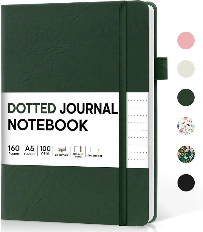 Bullet Dotted Journal Notebook for Women & Men, Hardcover Leather Journal for Writing, A5 Bullet Journaling Notebook for Work & Sketching, Perfect for Office School Home Supplies, 160 Pages, Dark Green