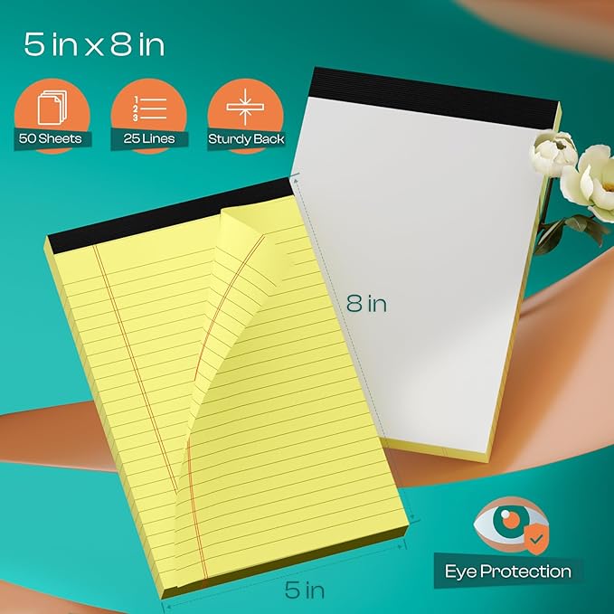 12 Pack Note Pads 5x8 Inch Small Yellow Legal Pads 5x8 In 50 Sheets Notepad College Ruled Small Writing Pads Perforated Pages Paper Pads 80GSM Recycled Paper Notepads for Home, Office, or School