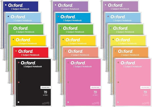Oxford Spiral Notebook 18 Pack, Bulk College Ruled Spiral Notebooks for School, 1 Subject, College Ruled Paper, 8 x 10-1/2 Inches, 3-Hole Punch, Assorted Colors, 70 Sheets (65206)