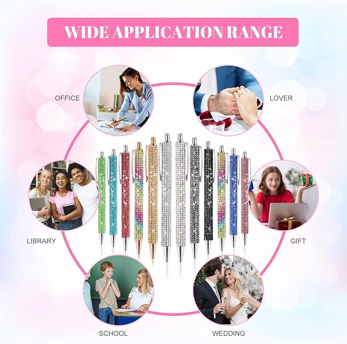 12Pcs Rhinestone Pens Bling Metal Ballpoint Diamond Pens Bulk Fancy Sparkly Crystal Press Retractable Black Ink 0.7mm For Women Office Meeting Birthday Supplies Wedding Gifts(TWELVE COLOR