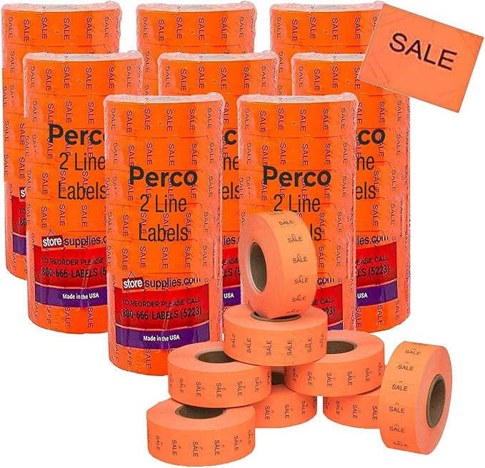 Sale Fluorescent Red Perco Labels for Perco 2 Line Labeler Gun - 10 Sleeve, 60,000 "Sale Labels for Perco 2 Line Date Guns