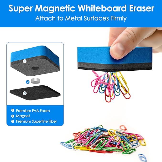 MaxGear Dry Erase Erasers, 24 Pack Magnetic Whiteboard Erasers for Classroom, Mini Whiteboard Cleaning Pads, Chalkboard Wiper Teacher Supplies for School, Office, Home (Blue, 2 x 2 Inch