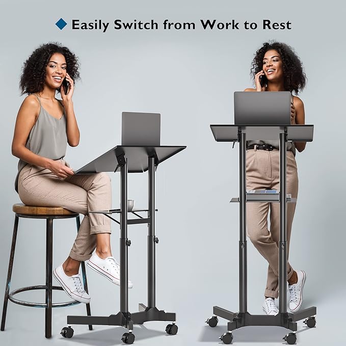 BONTEC Lecterns & Podiums Portable Mobile Standing Laptop Desk, Sit Stand Desk, Height Adjustable Home Office Classroom Pulpit Stand Up Desk Workstation, Rolling Table Laptop Cart with Storage Tray