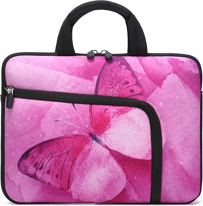 11.6 12 12.5 inch Laptop Sleeve Chromebook Case Ultrabook Case Notebook Sleeve Tablet Case Neoprene Handle Sleeve for Men Women, Two Pockets Fit Apple MacBook Air Samsung Acer HP DELL (Pink Butterfly)