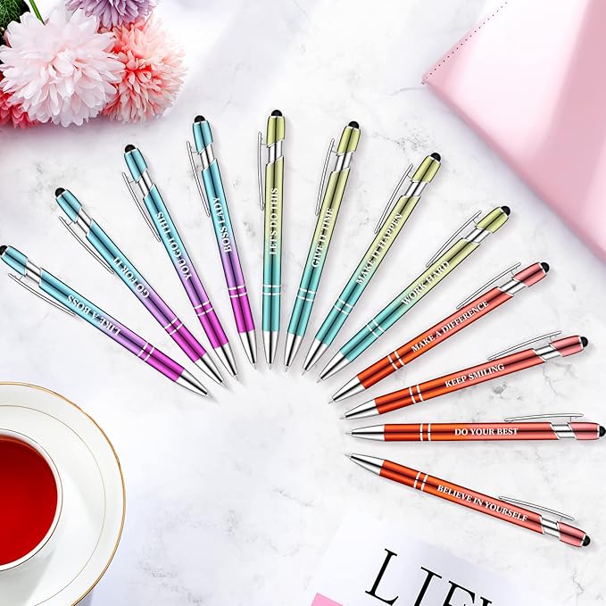 Zonon 12 Pieces Inspirational Pens Bulk Easter Basket Stuffers Motivational Quotes Ballpoint Pens with Stylus Tip Inspirational Gifts for School Office Teachers(Plating Color,Motivational Style)