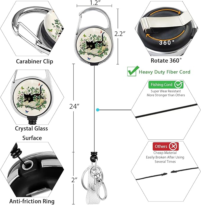 Giancomics Lanyards for Id Badges, Book Black Cat ID Badge Holder with Lanyard Badge Reel Retractable, Lanyard with ID Holder Keychain Clip Name Tag Cute ID Card Holder for Teacher Women Work Office