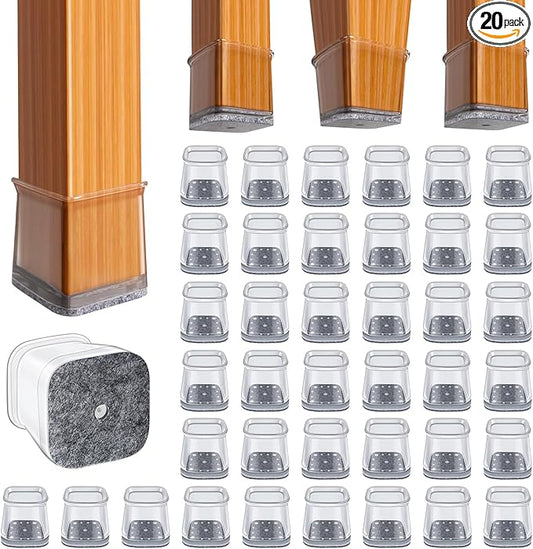 BUMACO Chair Leg Floor Protectors Square Chair Leg Protectors for Hardwood Floors Silicone Pads Covers to Protect Floors(Clear-20 Pcs, Square L (1-1/16" ~ 1-5/8")