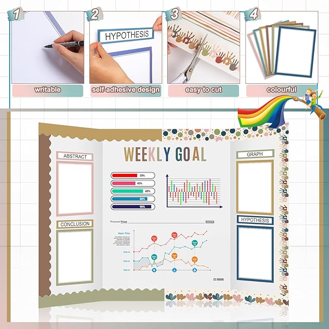 90 Pcs Science Fair Board Supplies 60 Trim Scalloped Bulletin Board Borders 24 Presentation Board Subtitles 6 Science Fair Titles for Classroom Display Boards(Boho)