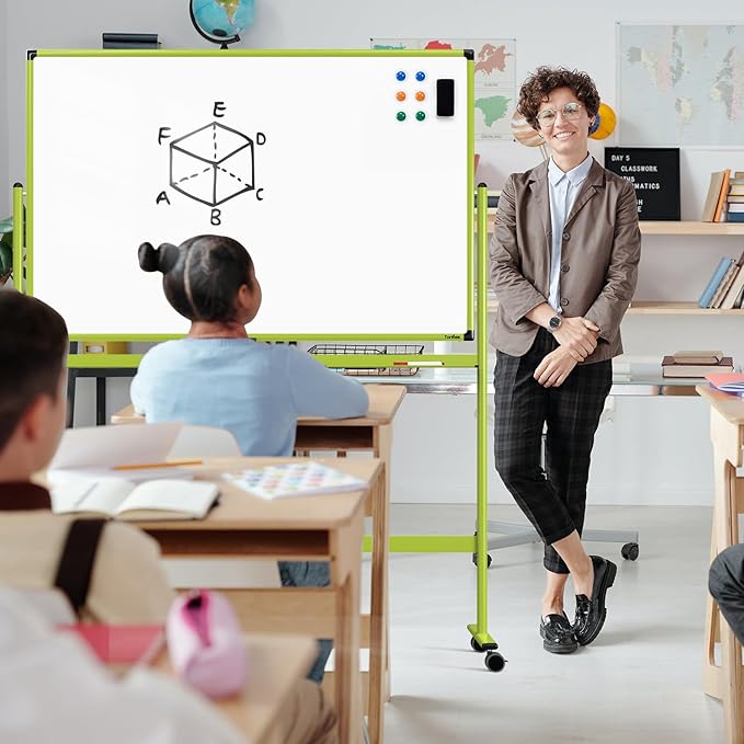 Rolling Whiteboard, 48x32 Inches Mobile Whiteboard on Wheels, Magnetic Dry Erase Board with Stand, Standing White Board for Office, School, Home, Large Double Sided White Board with Paper Pad