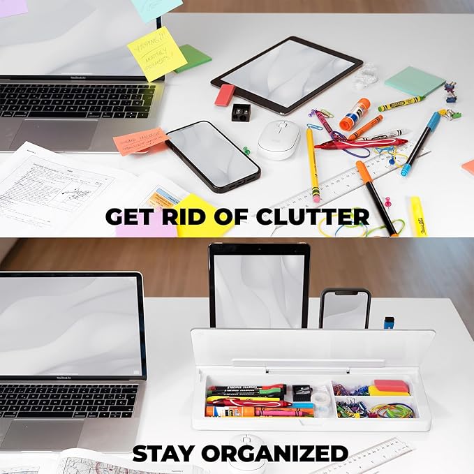 Desktop Whiteboard - Glass Dry Erase White Board- Desk Computer Buddy – Home Office & Studying Essentials - Desktop Pad with Phone & Tablet Slot, Storage Compartment - Includes 4 Markers, 1 Eraser