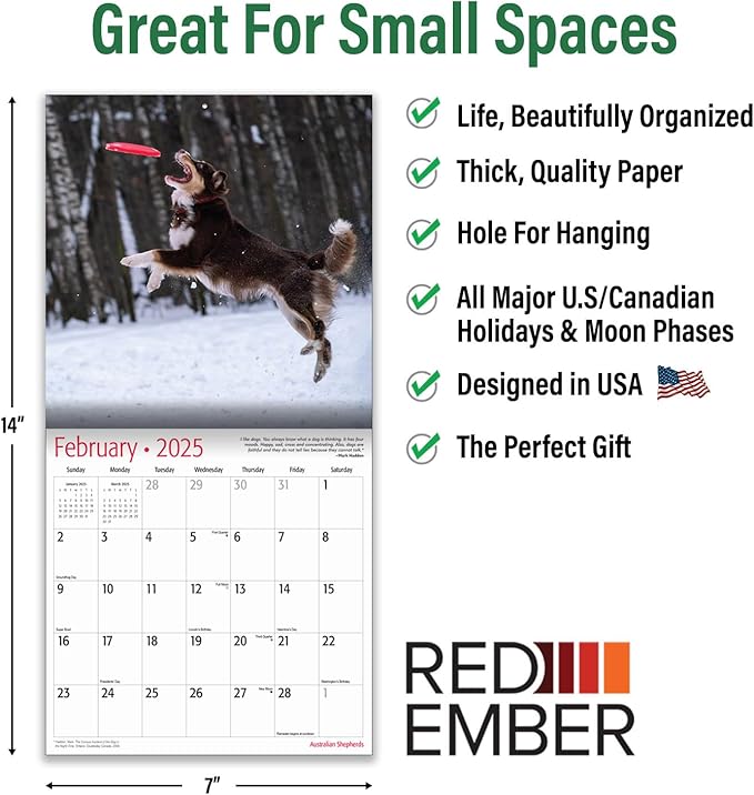 RED EMBER Australian Shepherds Mini 2025 Wall Calendar 12 Month | 7" x 14" Open | Thick & Sturdy Paper | Giftable | Calendar 2025