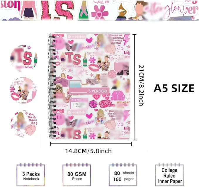 Music Singer Fans A5 Notebooks, Spiral Notebook College Ruled A5, 160 Pages Thick Paper Wire Bound Notebooks for Note Taking School Office Supplies,Pink
