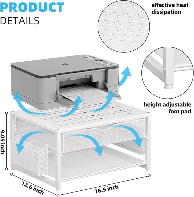 Marbrasse Metal Printer Stand for Desk with Storage Drawer and 2 Pen Holders, 2-Tier Desktop Organizer Printer Table for Home Office, Multi-Purpose Desk Organizer for Fax Machine Scanner Files(White)