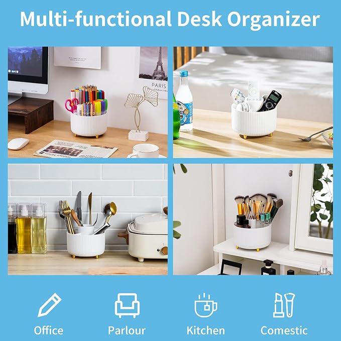 Marbrasse Desk Organizer, 360-Degree Rotating Pen Holder for Desk, Desk Organizers and Accessories with 5 Compartments Pencil Organizer, Art Supply Storage Box Caddy for Office, Home (White)