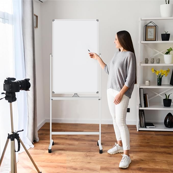 Dry Erase Whiteboard Easel on Wheels - 24 x 36 inch Double Sided Mobile Whiteboard, Reversible Magnetic Double Sided Rolling whiteboard Mobile White Board for Home Office Classroom, (24“x 36”)