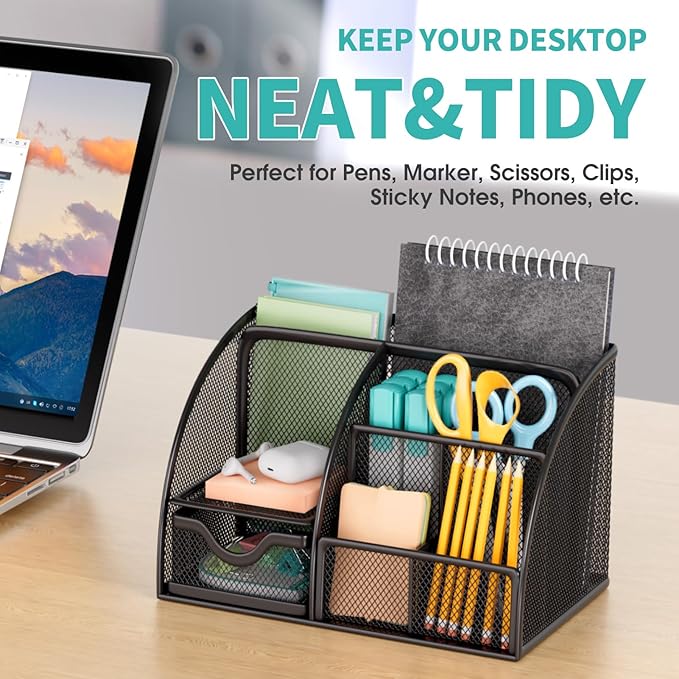 MaxGear Office Desk Organizer - 6 Compartment Pen Holder & Drawer, Metal Mesh Desktop Organizer with Non-Slip EVA Pad, Black Desk Caddy, 8.7" x 5.5" x 5"