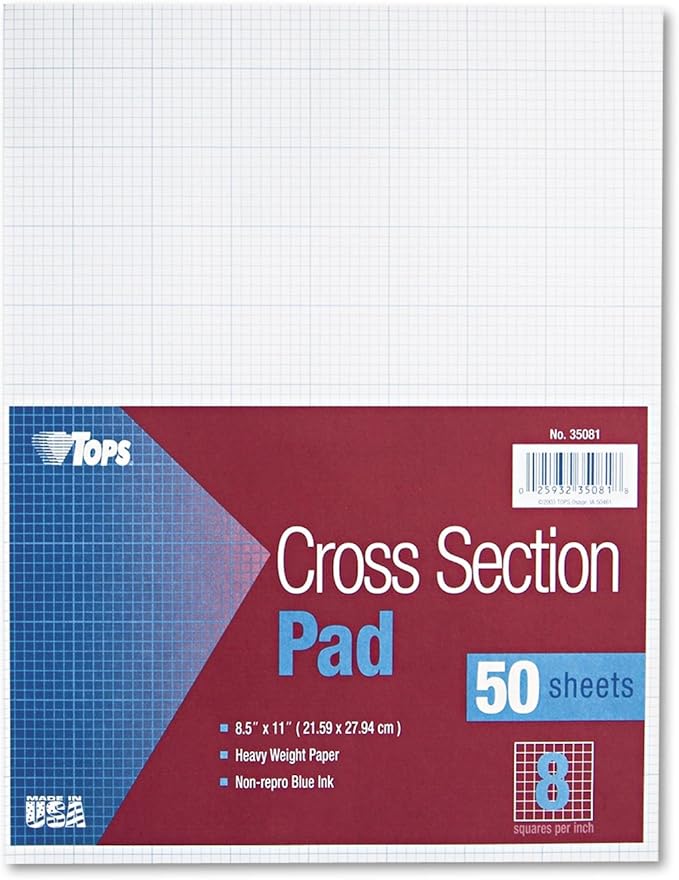 TOPS 35081 Cross Section Pads, 8 Squares, 8 1/2 x 11, White, 50 Sheets