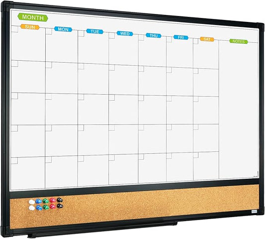 JILoffice Magnetic Calendar Whiteboard & Bulletin Corkboard Combination, Combo Board 24 x 18 Inch, Black Aluminum Frame Wall Mounted Board for Office Home and School with 10 Push Pins