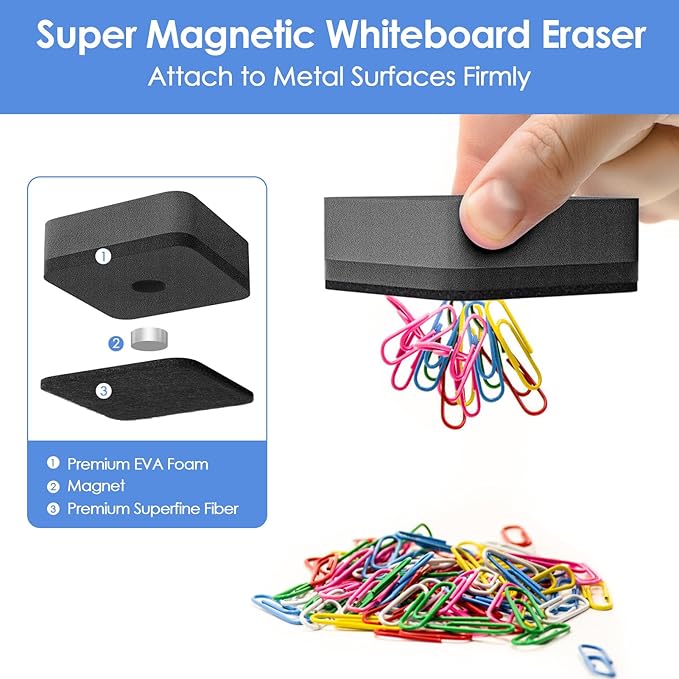 MaxGear Dry Erase Erasers, 24 Pack Magnetic Whiteboard Erasers for Classroom, Mini Whiteboard Cleaning Pads Bulk, Chalkboard Wiper Teacher Supplies for School, Office, Home (Black, 2 x 2 x 0.6 Inch