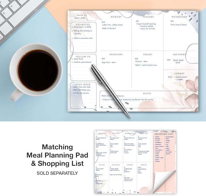 Global Printed Products 8.5" x 11" Horizontal to-Do List and Weekly Planning Pad, 60-Sheets, Soft Pink Floral