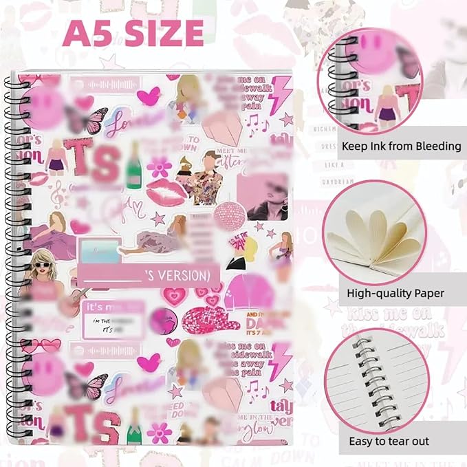 Music Singer Fans A5 Notebooks, Spiral Notebook College Ruled A5, 160 Pages Thick Paper Wire Bound Notebooks for Note Taking School Office Supplies,Pink